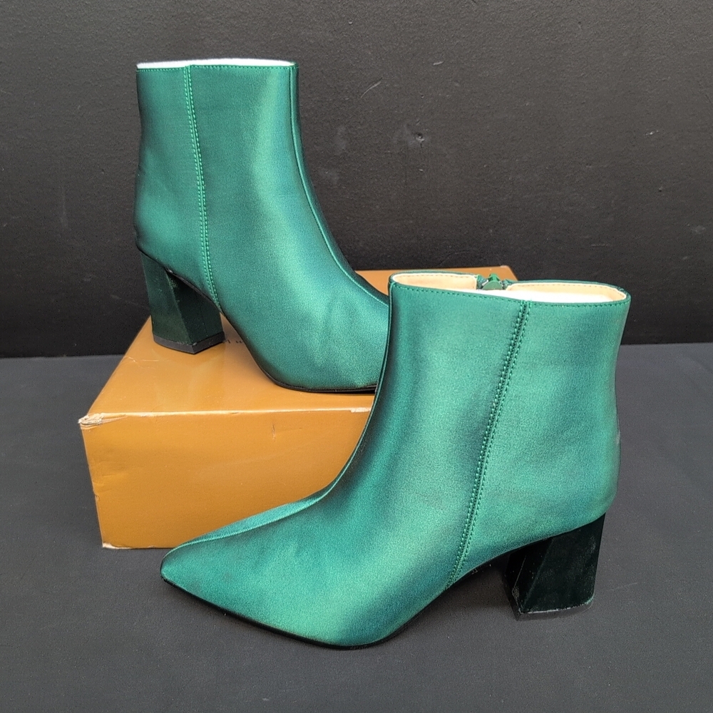 Perphy Women's Pointed Toe Satin Zip-Up Block Heel Ankle Booties Us 8 Green